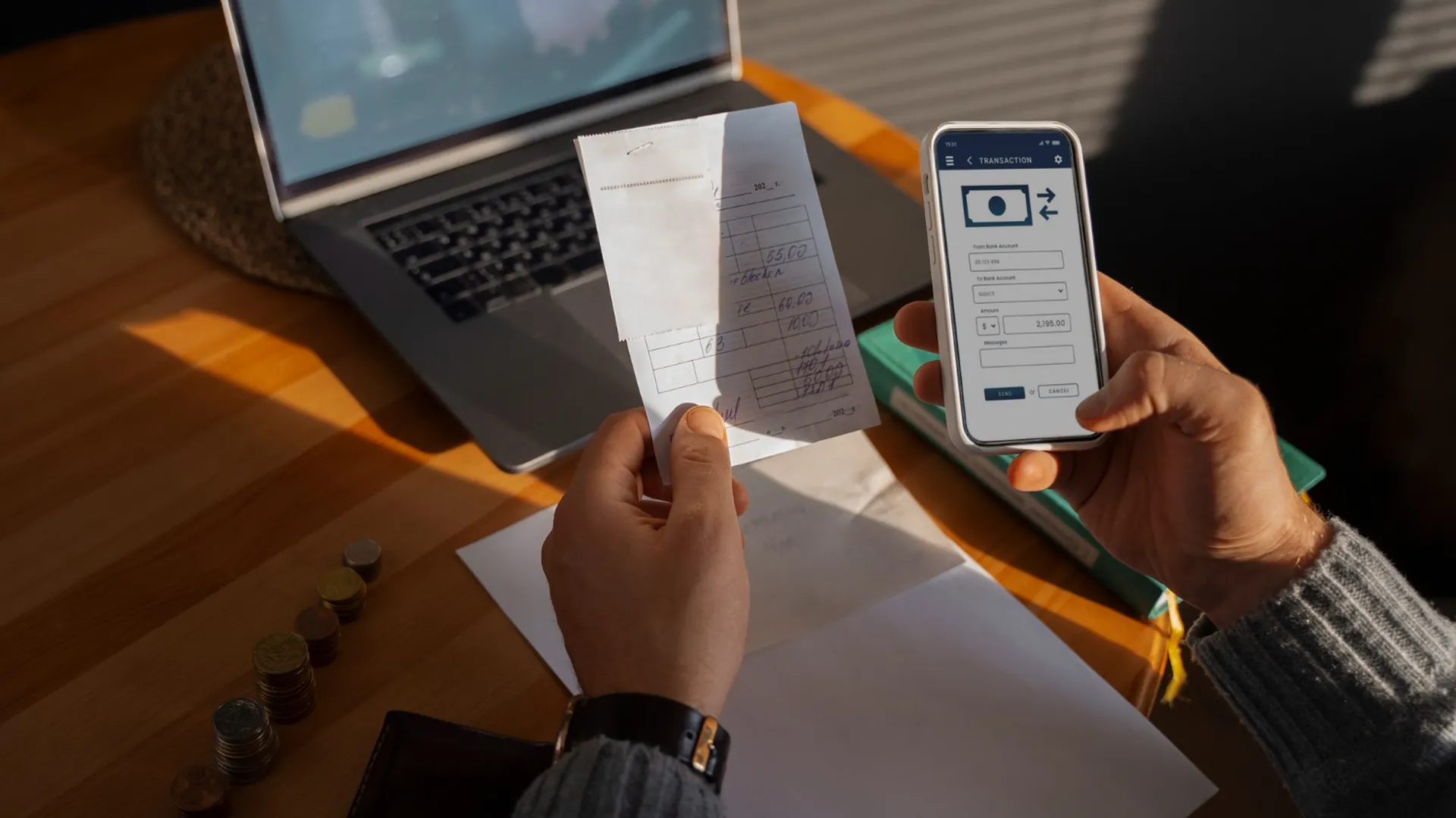 Person checking a receipt against bank transactions on a phone — tracing recurring auto-debits and forgotten subscriptions