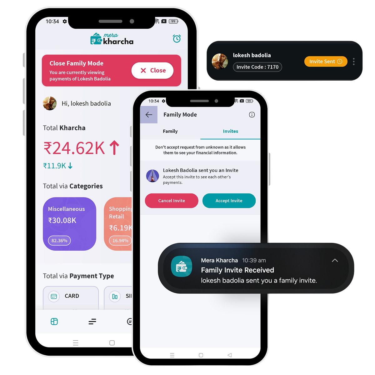 Mera Kharcha family mode showing multiple family members transactions in one dashboard