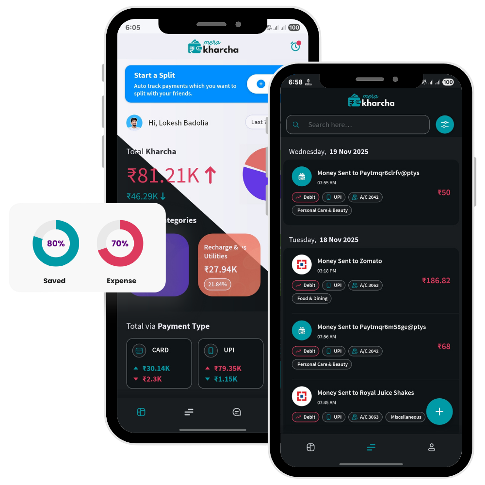 Mera Kharcha app showing expense dashboard with UPI and bank tracking