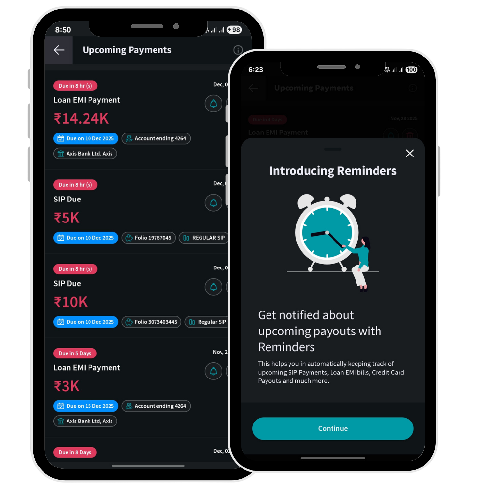 Mera Kharcha payment reminder screen showing upcoming EMI and SIP payments