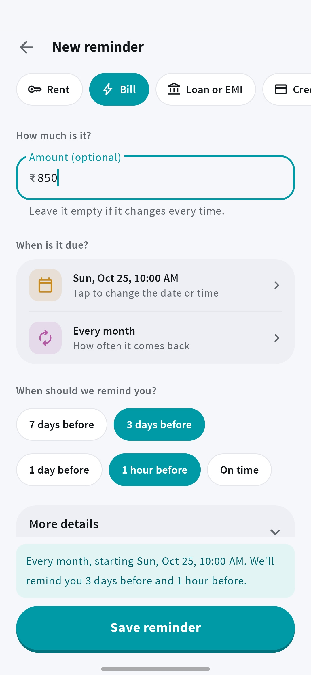 Creating a recurring bill reminder with an amount, due date, and advance notification