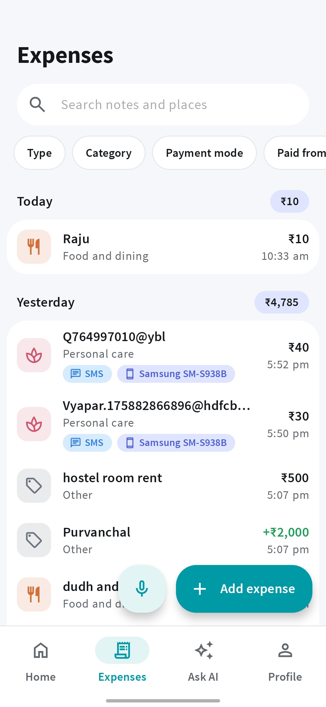 Mera Kharcha expense and income list with search and payment filters