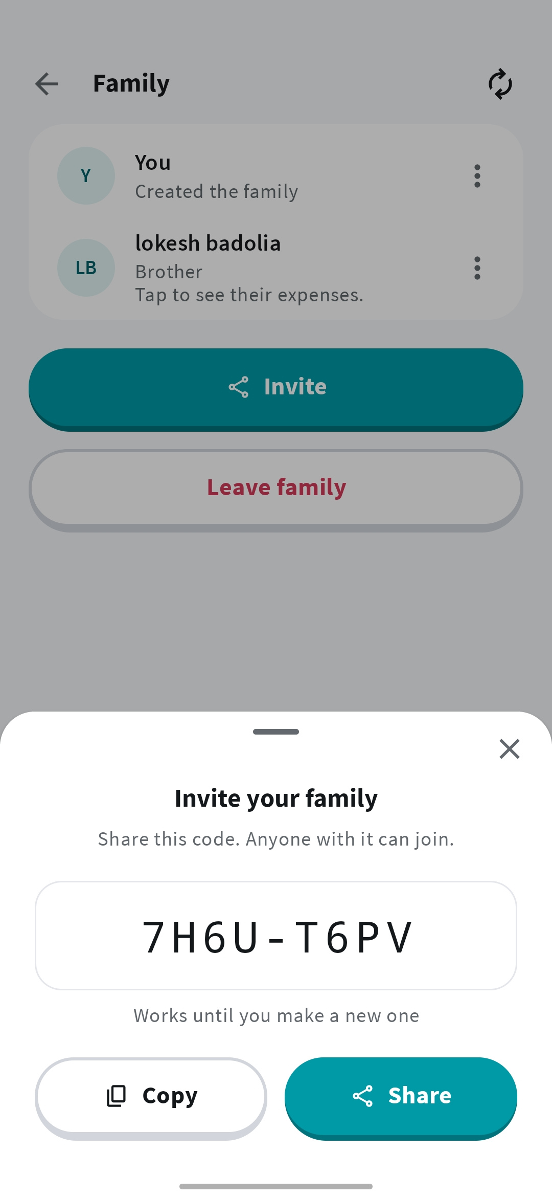 Mera Kharcha family screen with an invitation code to share with family members