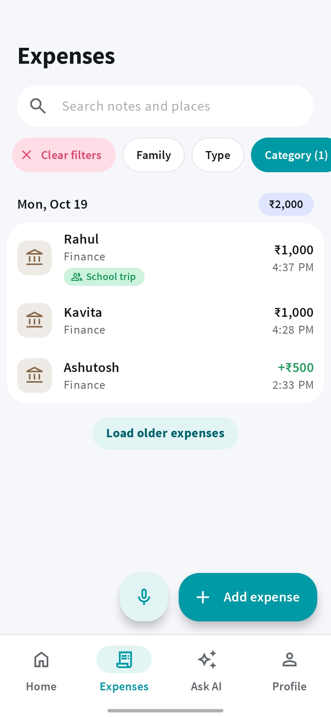 Filtering Mera Kharcha expenses by category with search and filter controls