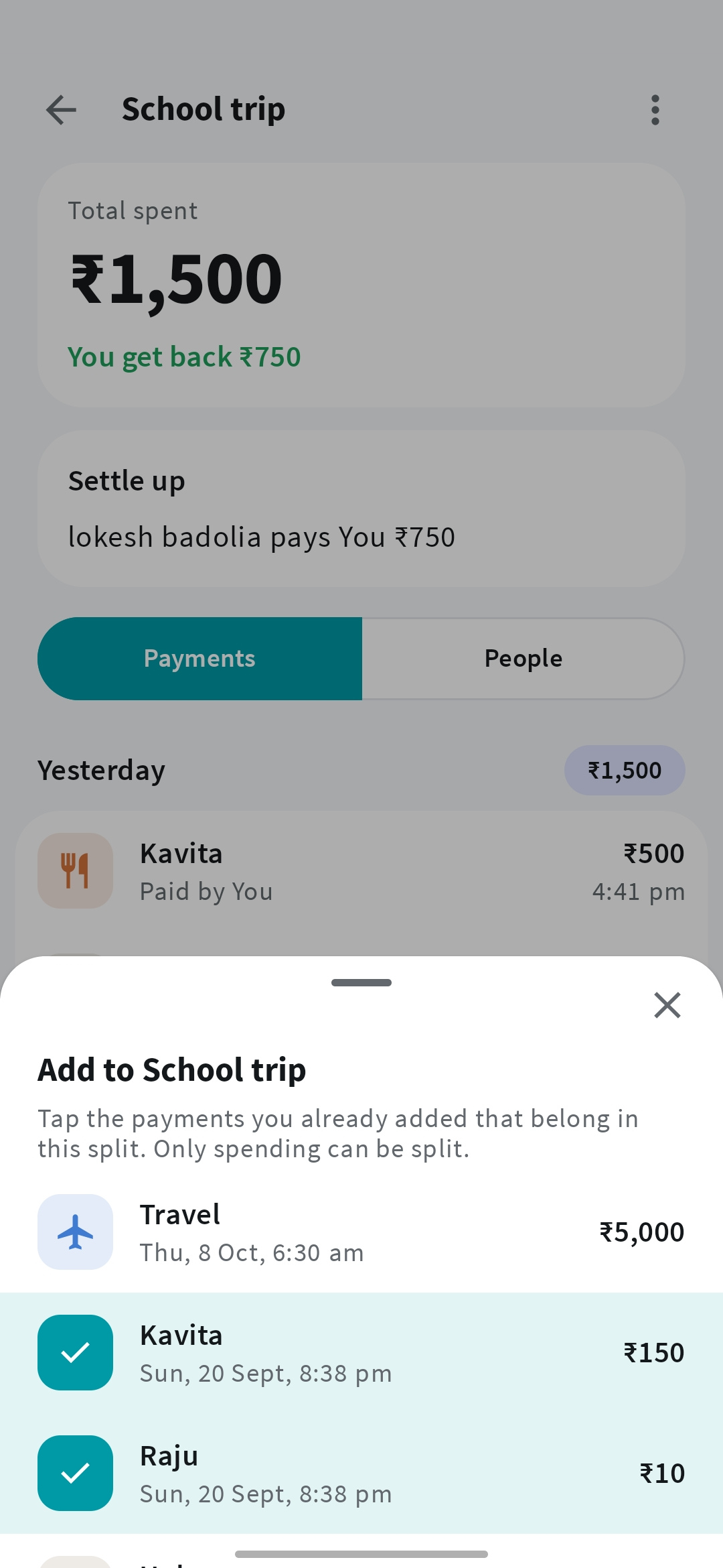 Adding shared payments to a trip in Mera Kharcha Split expenses