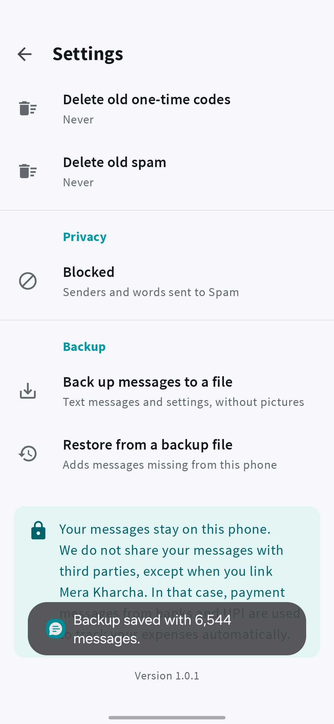 Mera SMS backup and restore settings with a local backup status