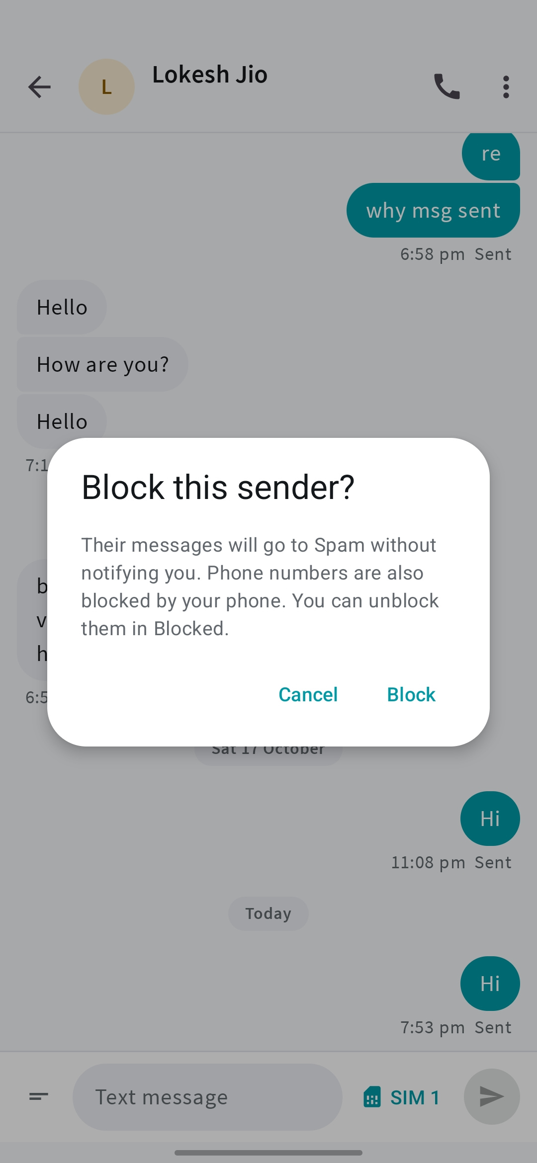 Mera SMS blocking confirmation for a selected sender