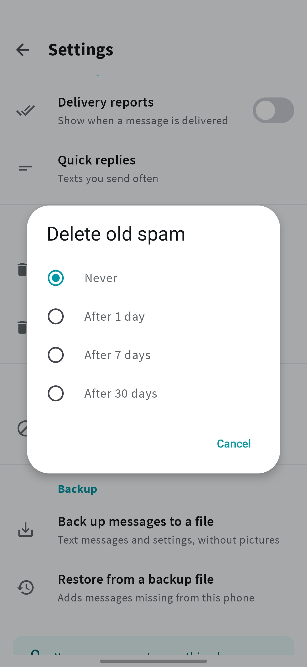 Mera SMS setting for automatically deleting spam after 30 days