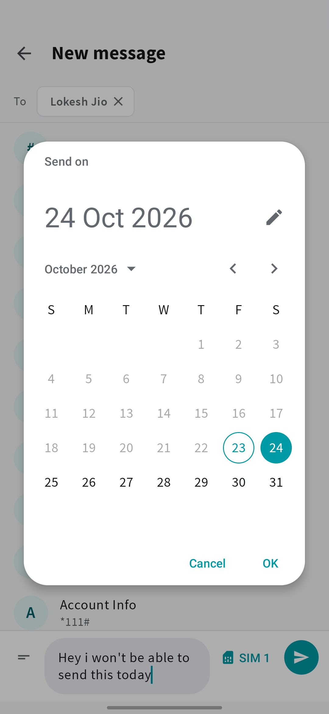 Mera SMS message composer with a scheduled send date and time
