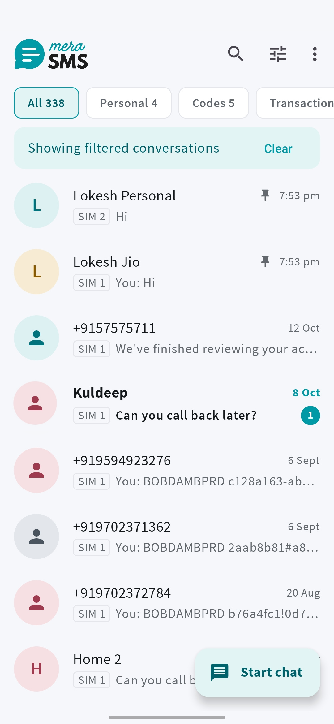 Mera SMS conversation filter controls and searchable inbox