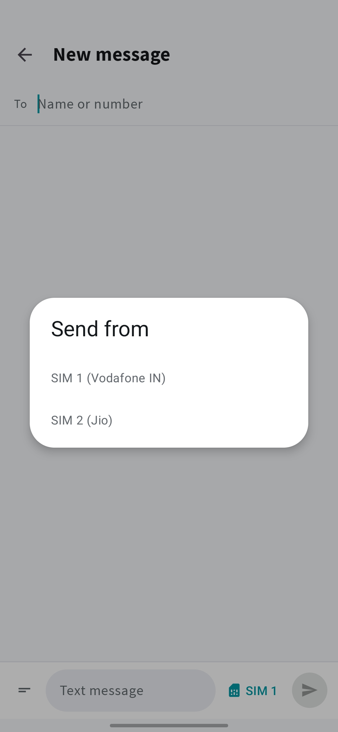 Mera SMS message composer offering two SIM cards to send from