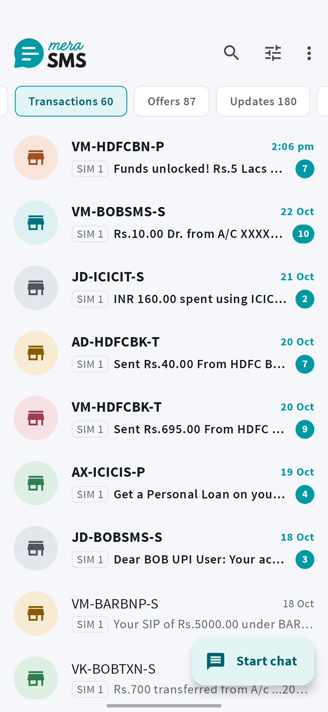 Mera SMS inbox grouped into transaction, offer and update categories