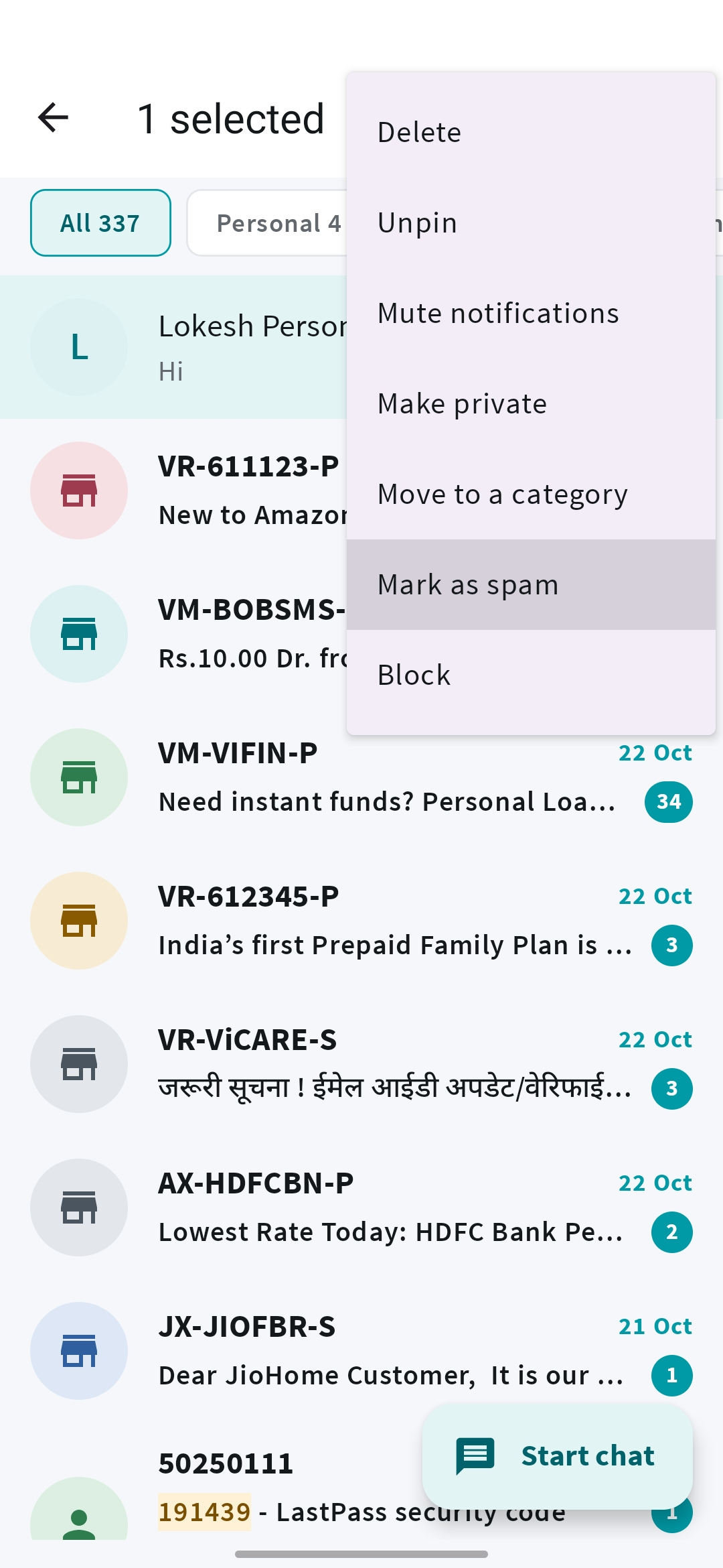 Mera SMS inbox with a sender menu open on the mark-as-spam option