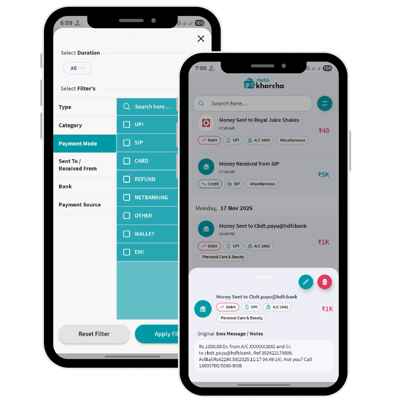 Mera Kharcha showing all bank accounts tracked in one dashboard