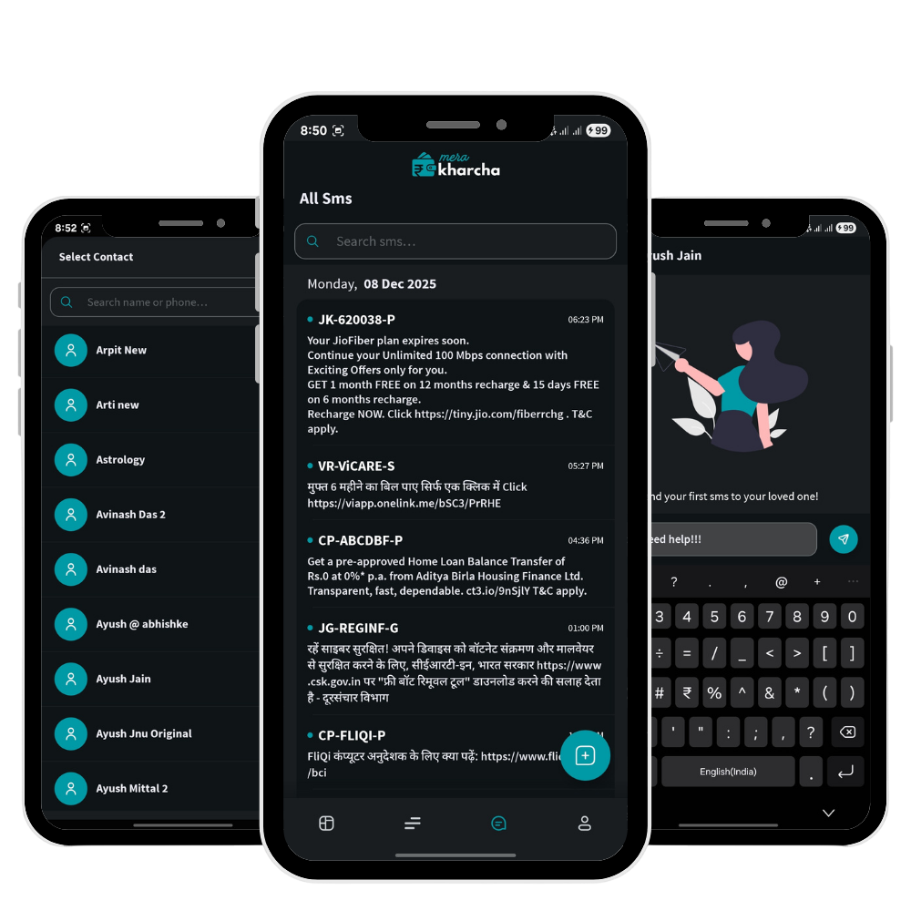 Mera Kharcha smart SMS inbox showing financial SMS grouped and organized